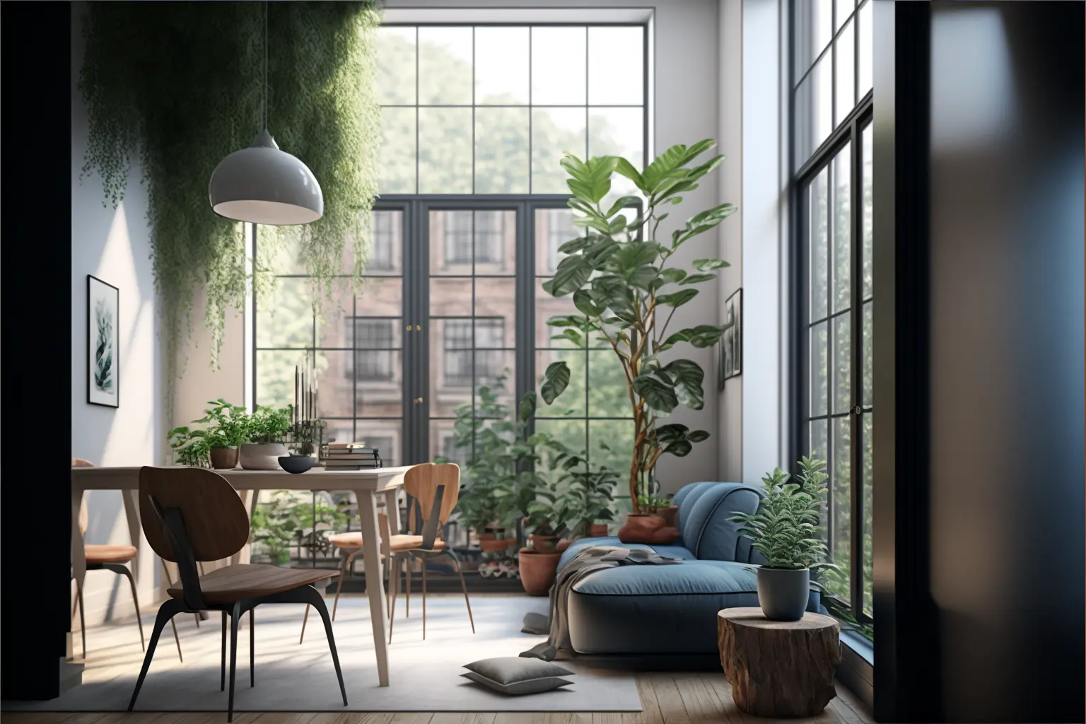 Interior Design, a perspective of of a study, modernist, large windows with natural light, Light colors, plants, modern furniture, modern interior design